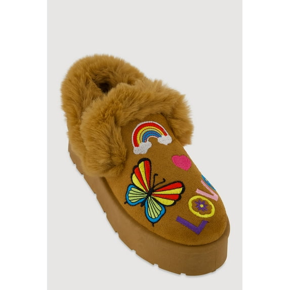Women's Faux Fur Embroidered Graphic Slip On Platform Booties