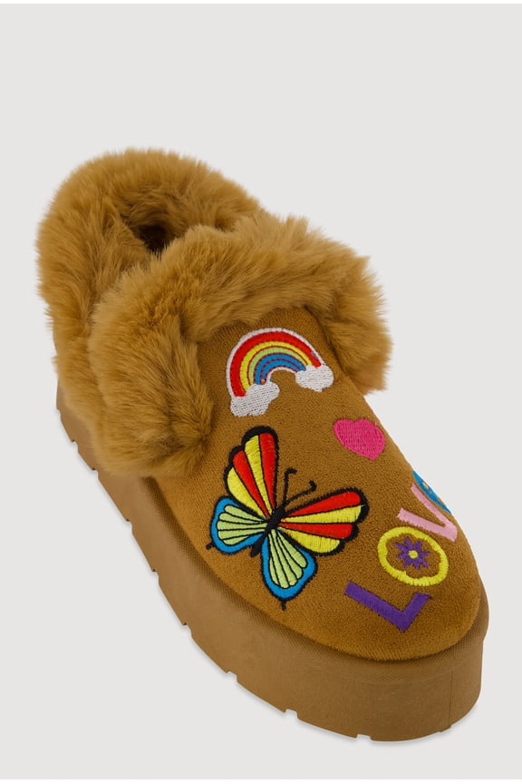 Women's Faux Fur Embroidered Graphic Slip On Platform Booties
