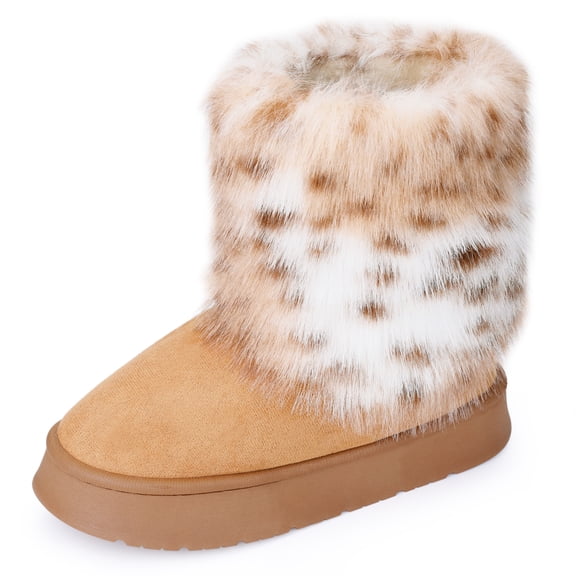 BLISSFUL STEP Women's Faux Fur Flat Pull on Snow Boots for Winter Brown 7.5
