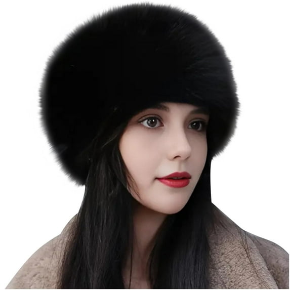 Women's Faux Fur Hat For Winter With Stretch Cossack Russian Style White Warm Cap Black