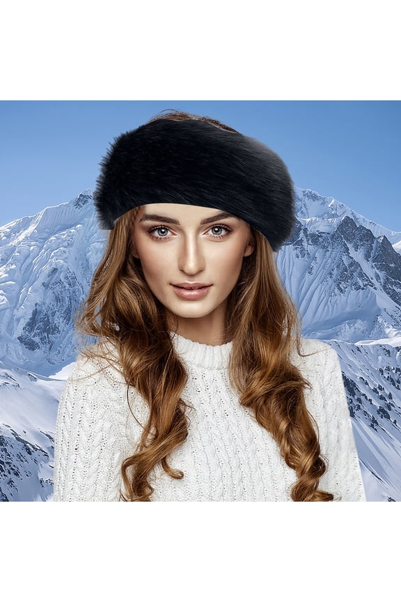 Women's Faux Fur Headband, Thick Warm Ear Warmer with Spliced Design, Winter Head Wrap for Cold Weather, Soft Plush Headband for Daily Wear Black