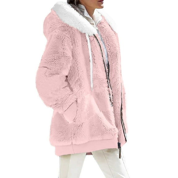 Women's Faux Fur Hooded Jacket, Solid Color Plush Long Sleeve Zip Up Coat with Pockets, Warm Winter Fashion for Casual Outings & TravelPinkM