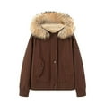 thumbnail image 1 of Women's Faux Fur Hooded Jackets Sherpa Lined Winter Thick Warm Coats Cargo Textured Long Sleeve Versatile Outerwear (L, Brown), 1 of 7