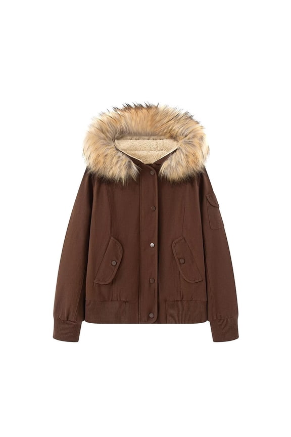 Women's Faux Fur Hooded Jackets Sherpa Lined Winter Thick Warm Coats Cargo Textured Long Sleeve Versatile Outerwear (L, Brown)