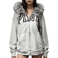 thumbnail image 1 of Women's Faux Fur Hooded Letter Print Pocket Zip-Up Hoodies Casual Jacket Fall Winter Gray XS, 1 of 3