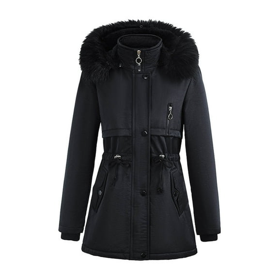Women's Faux Fur Hooded Parka Coat Winter Warm Puffer Jacket Water Resistant Outerwear with Drawstring Waist Multiple Solid Colors for Cold Weather Trendy Coats with Pockets and Detachable Hood