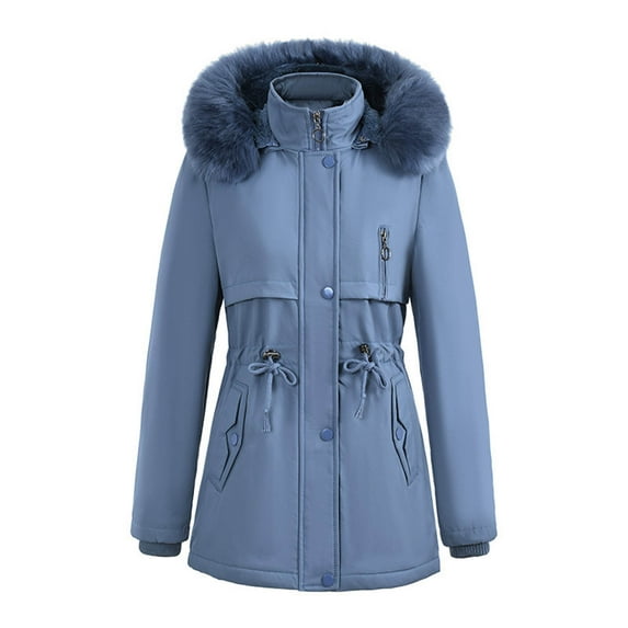 Women's Faux Fur Hooded Parka Coat Winter Warm Puffer Jacket Water Resistant Outerwear with Drawstring Waist Multiple Solid Colors for Cold Weather Trendy Coats with Pockets and Detachable Hood