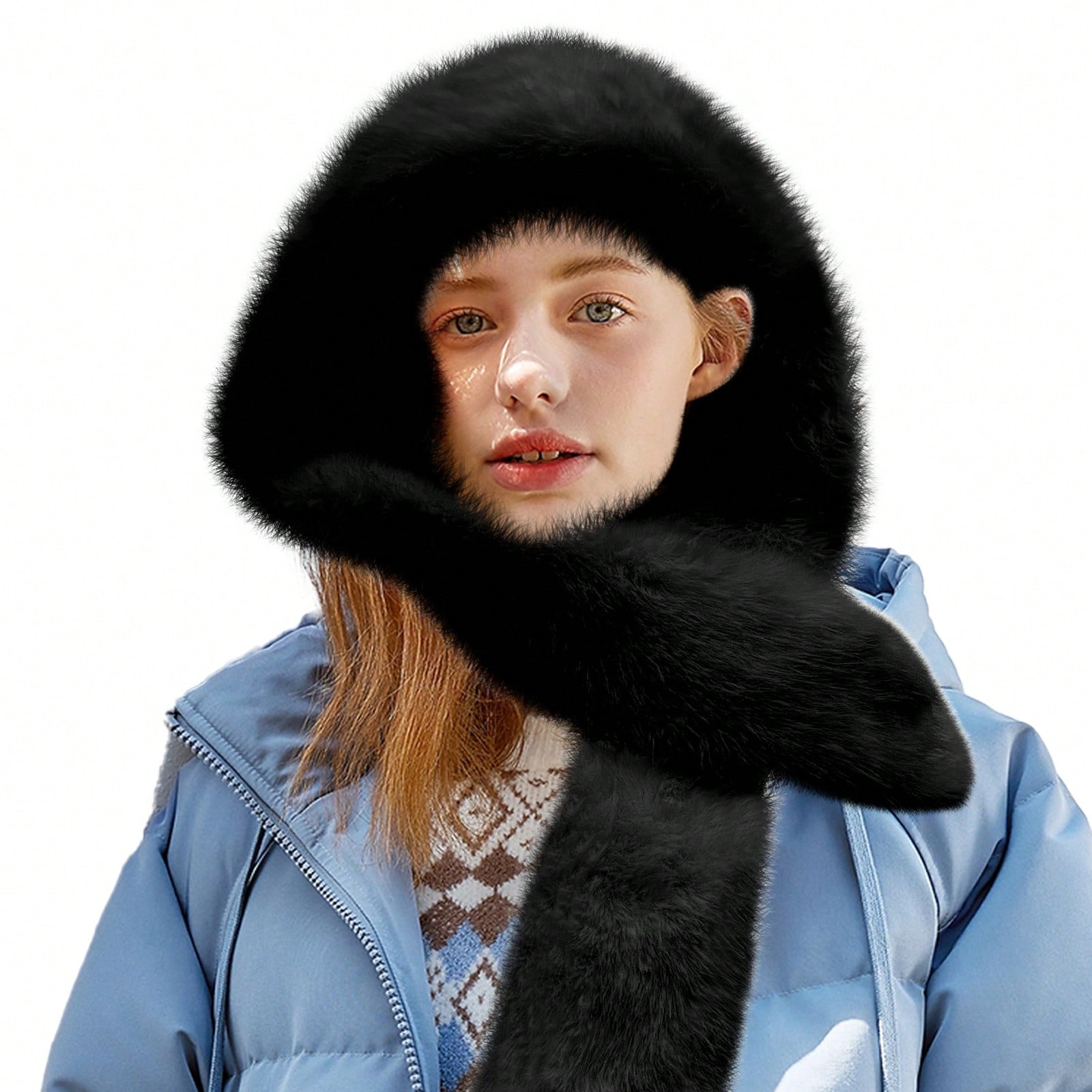 Women's Faux Fur Hooded Scarf Hat 2-in-1 Winter Warm Neck Wrap & Hood