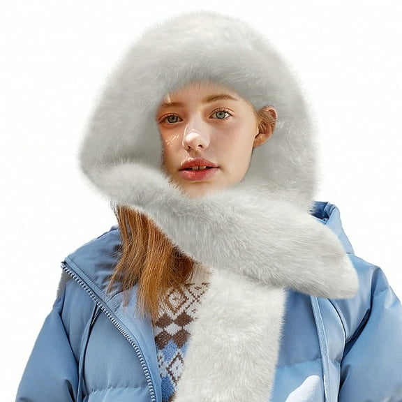Women's Faux Fur Hooded Scarf Hat 2-in-1 Winter Warm Neck Wrap & Hood