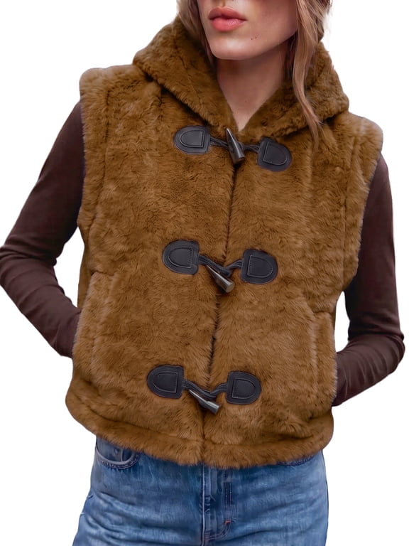 Women's Faux Fur Hooded Vest, Sleeveless Toggle Button Winter Outerwear Jacket with Pockets