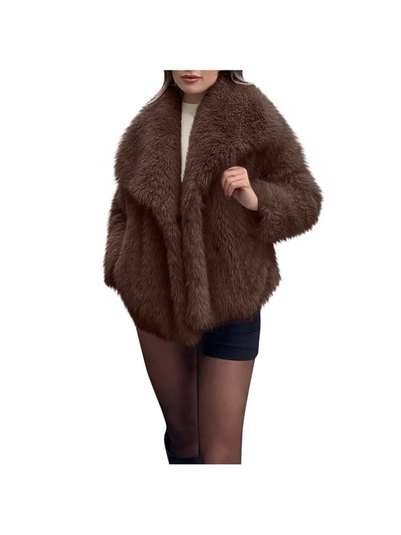 Women's Faux Fur Jacket Fall Winter Warm Long Sleeve Fluffy Lapel Shaggy Coat Soft Fuzzy Windproof Thermal Outerwear