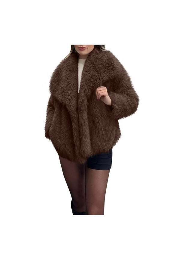Women's Faux Fur Jacket Fall Winter Warm Long Sleeve Fluffy Lapel Shaggy Coat Soft Fuzzy Windproof Thermal Outerwear