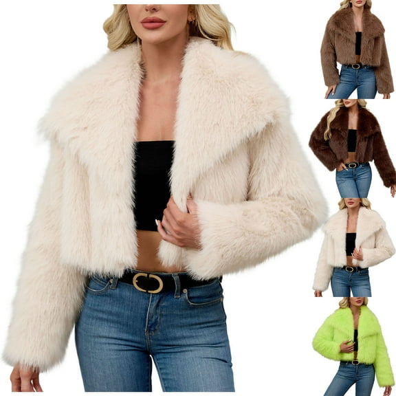 Women's Faux Fur Jacket Short Cropped Fluffy Coat Winter Warm Plush Outerwear Long Sleeve Fashion Party Streetwear