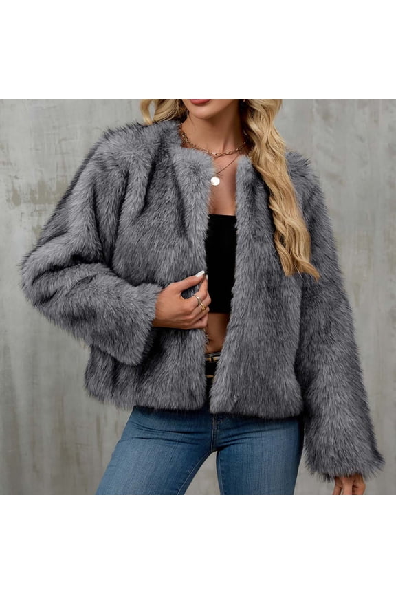 Women's Faux Fur Jacket Winter Warm Short Coat Fleece Outerwear with Round Neck for Ladies Casual Fashion Polyester Coats
