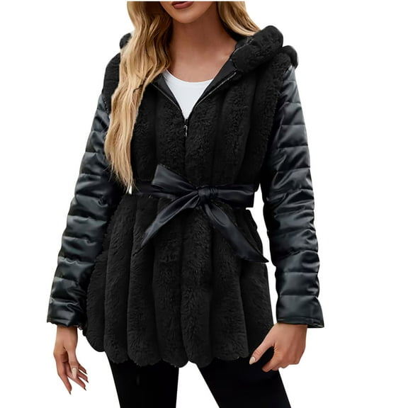 Women's Faux Fur Jacket with Detachable Belt, Leather Long Sleeve Zip Up Warm Coat Winter Hooded Outwear