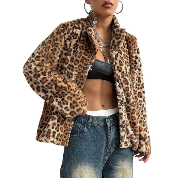 Women's Faux Fur Jackets Autumn Winter Leopard Coats Loose Fur Coat Leopard Print M