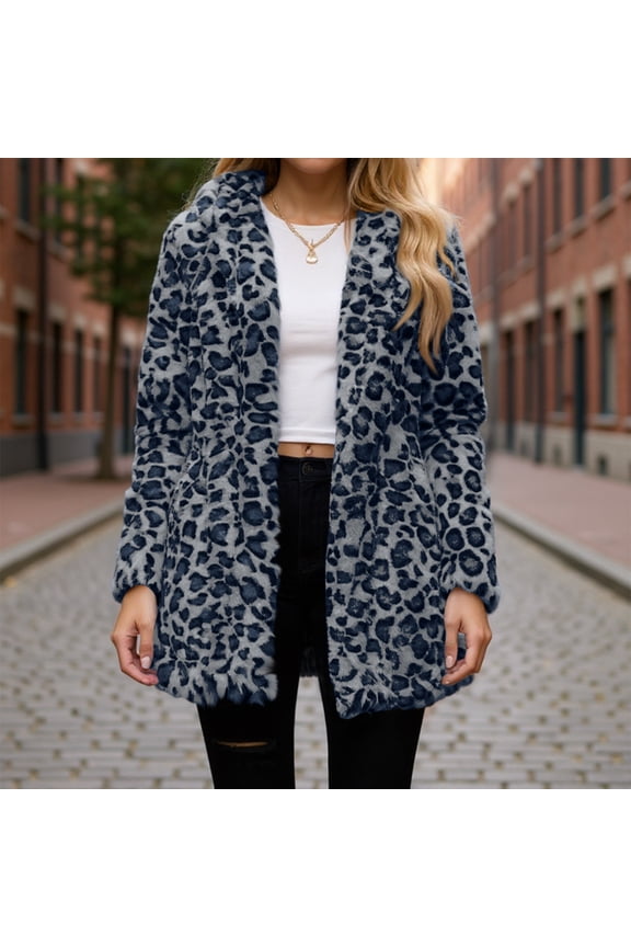 Women's Faux Fur Jackets Autumn Winter Leopard Coats Loose Fur Coat with Pockets Blue L