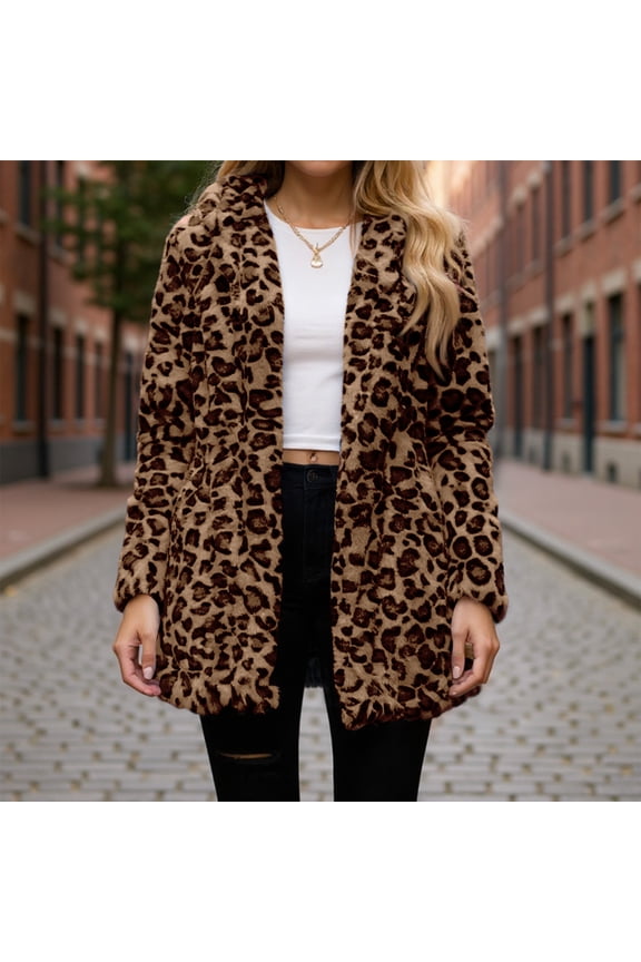 Women's Faux Fur Jackets Autumn Winter Leopard Coats Loose Fur Coat with Pockets Brown L