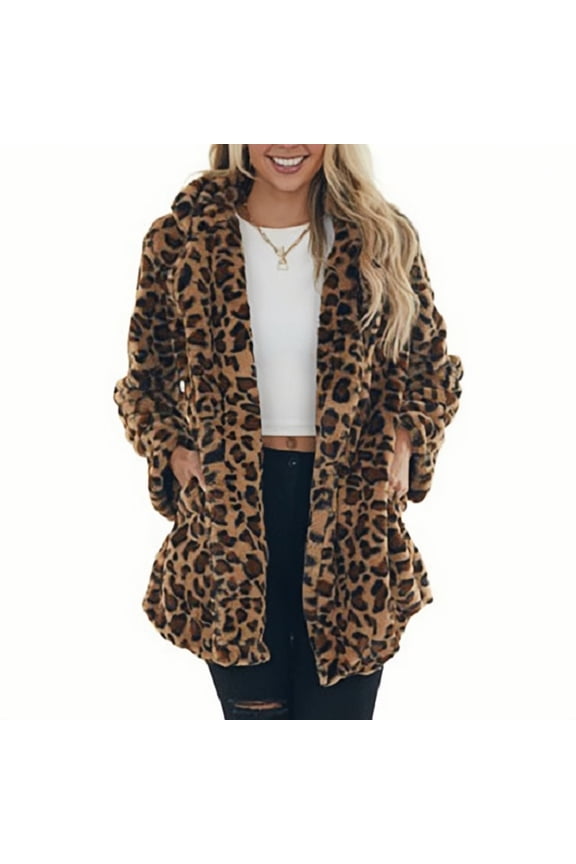 Women's Faux Fur Jackets Autumn Winter Leopard Coats Loose Fur Coat with Pockets