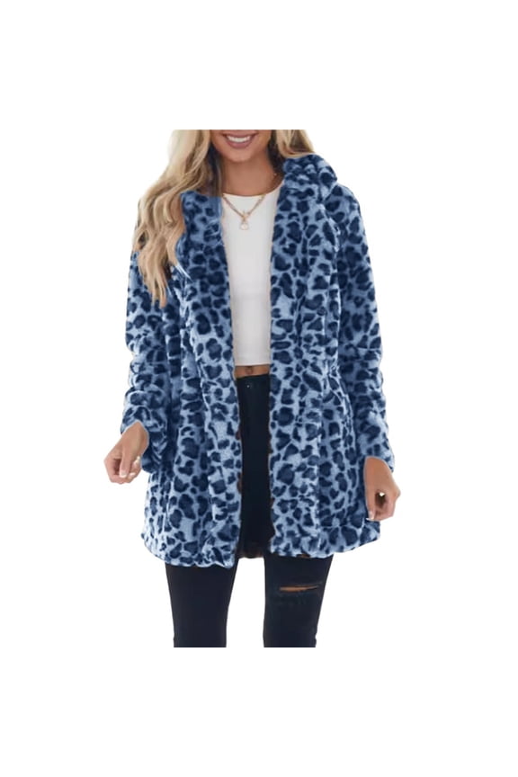 Women's Faux Fur Jackets Autumn Winter Leopard Lapel Long Sleeves Coats Loose Fur Coat with Pockets Blue XL