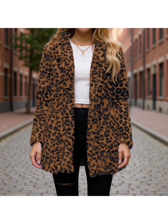 Women's Faux Fur Jackets Fall Winter Warm Leopard Coats Loose Fit Coat with Pockets