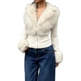thumbnail image 1 of Women's Faux Fur Jackets Long Sleeve Collar Ribbed Knit Trimmed Coats Cropped Zip Up Streetwear Chic Night Out Clothes, 1 of 5