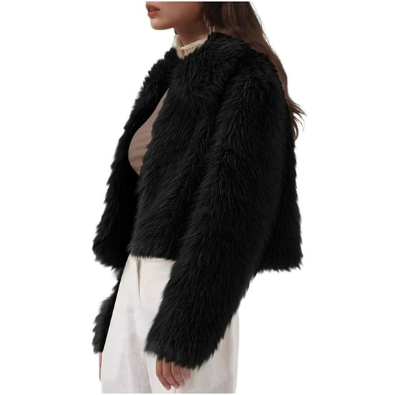 Women's Faux Fur Jackets Long Sleeve Full Zip Shaggy Short Jacket Luxury Thermal Warm Furry Open Front Outerwear (XS, Black)