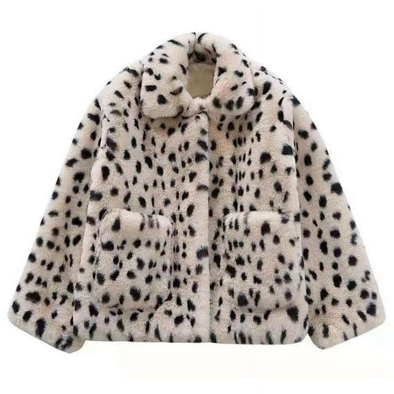 Women's Faux Fur Jackets Winter Leopard Print Warm Coats Oversized Loose Furry Thick Outerwear Lapel Button Tops with Pockets