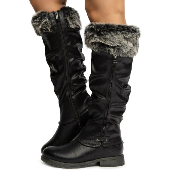 Women's Faux Fur Knee High Boot Vegan Leather Cold Weather Boots BLACK