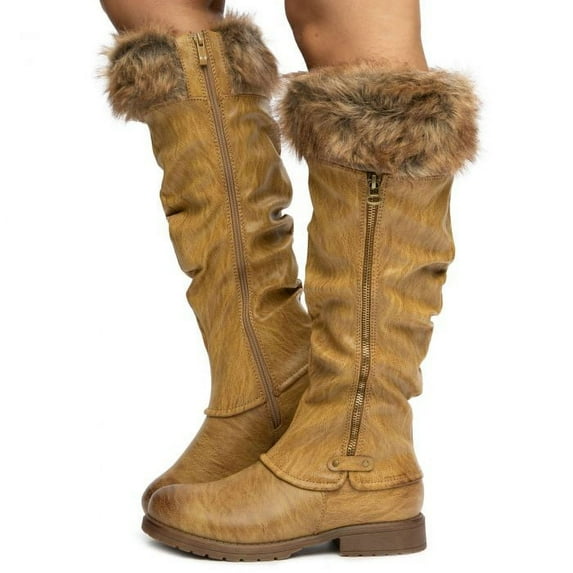 Women's Faux Fur Knee High Boot Vegan Leather Cold Weather Boots