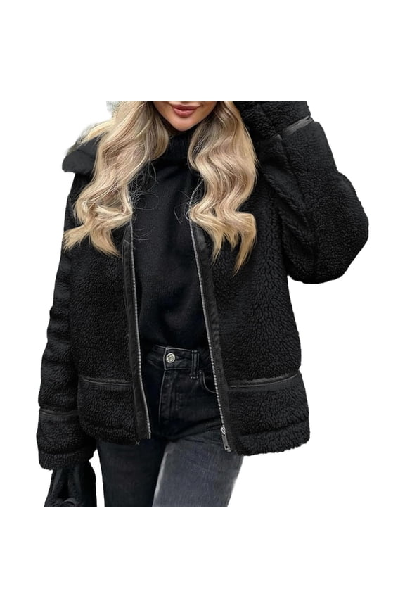 Women's Faux Fur Leather Patchwork Moto Jacket - Sherpa Lined Winter Coat with Zip Up, Trendy Cold Weather Outerwear