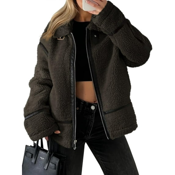 Women's Faux Fur Leather Patchwork Moto Jacket - Sherpa Lined Winter Coat with Zip Up, Trendy Cold Weather Outerwear