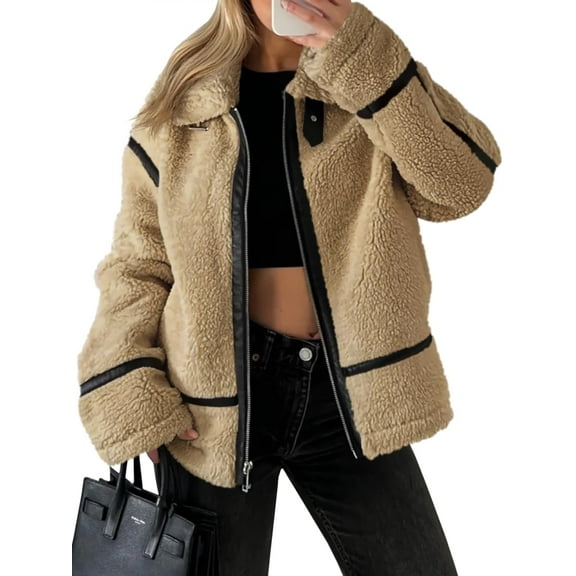 Women's Faux Fur Leather Patchwork Moto Jacket - Sherpa Lined Winter Coat with Zip Up, Trendy Cold Weather Outerwear