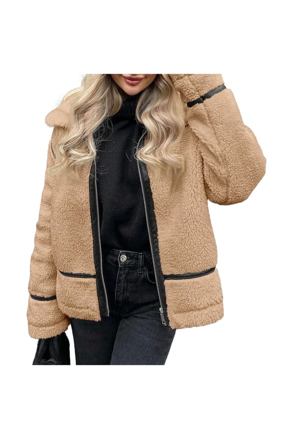 Women's Faux Fur Leather Patchwork Moto Jacket - Sherpa Lined Winter Coat with Zip Up, Trendy Cold Weather Outerwear
