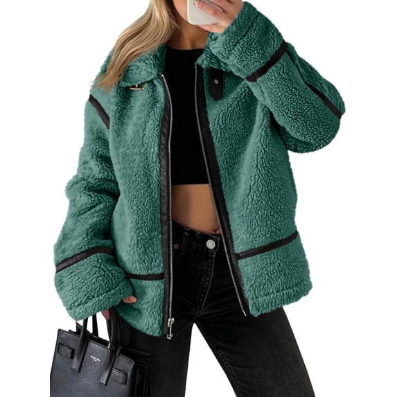 Women's Faux Fur Leather Patchwork Moto Jacket - Sherpa Lined Winter Coat with Zip Up, Trendy Cold Weather Outerwear