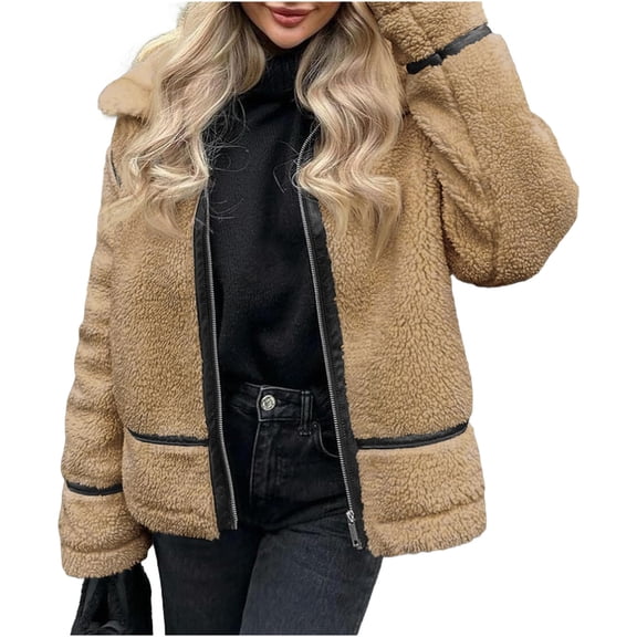 Women's Faux Fur Leather Patchwork Moto Jacket - Sherpa Lined Winter Coat with Zip Up, Trendy Cold Weather Outerwear