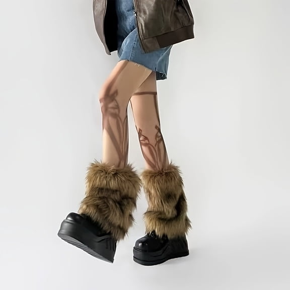 Women's Faux Fur Leg Warmers 12.2 Inch, Plush Boot Covers with Realistic Wolf Hair Design, Warm Winter Fashion Accessories for Christmas Parties and Holiday Outfits in Brown