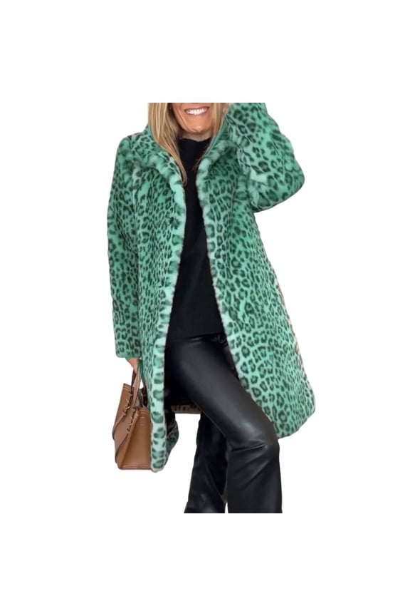 Women's Faux Fur Leopard Coat Winter Fall Lapel Collar FuzzyFur--Open Front Fleece Fur Jackets