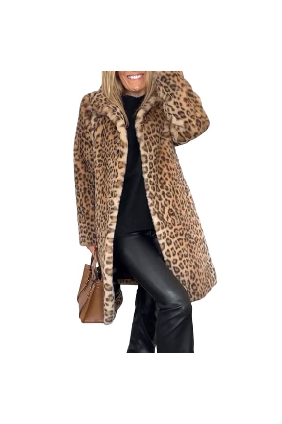 Women's Faux Fur Leopard Coat Winter Fall Lapel Collar FuzzyFur--Open Front Fleece Fur Jackets
