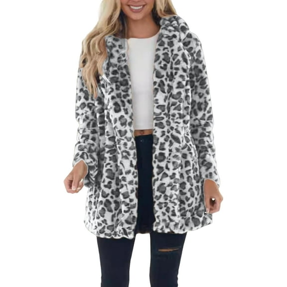 Women's Faux Fur Leopard Print Mid-Length Jacket Loose Fit Warm Autumn Winter Coat with Pockets