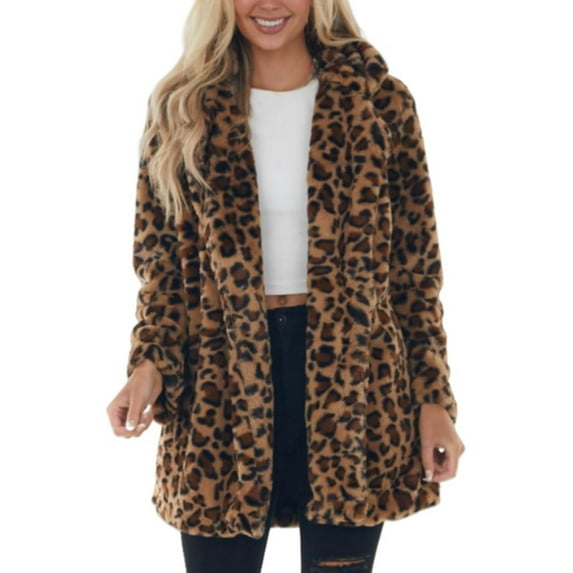 Women's Faux Fur Leopard Print Mid-Length Jacket Loose Fit Warm Autumn Winter Coat with Pockets