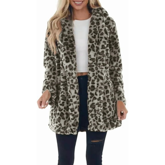 Women's Faux Fur Leopard Print Mid-Length Jacket Loose Fit Warm Autumn Winter Coat with Pockets