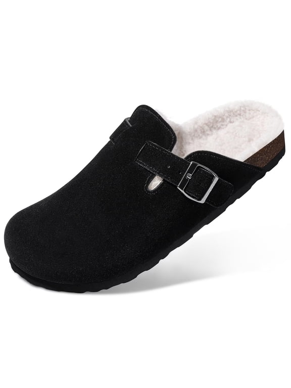 Women's Faux Fur Lined Suede Clogs Fuzzy Cork Footbed Mules Slip On Winter Potato Shoes