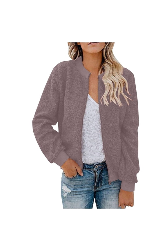 Women's Faux Fur Long Sleeve Casual Sherpa Zipper Clip Bomber Jacket