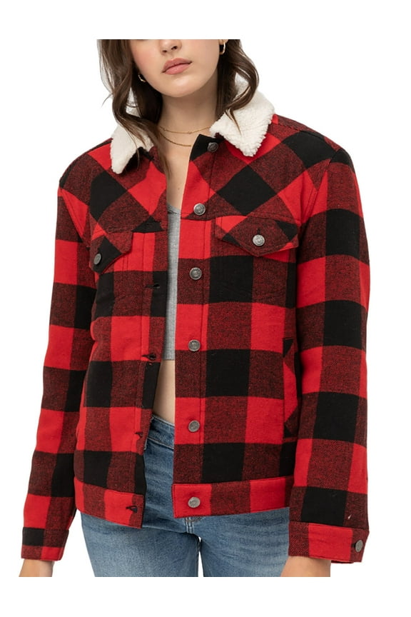 Women’s Faux Fur Plaid Jackets – Woven Plaid Button Down Sherpa Fleece Jacket LTJ8199