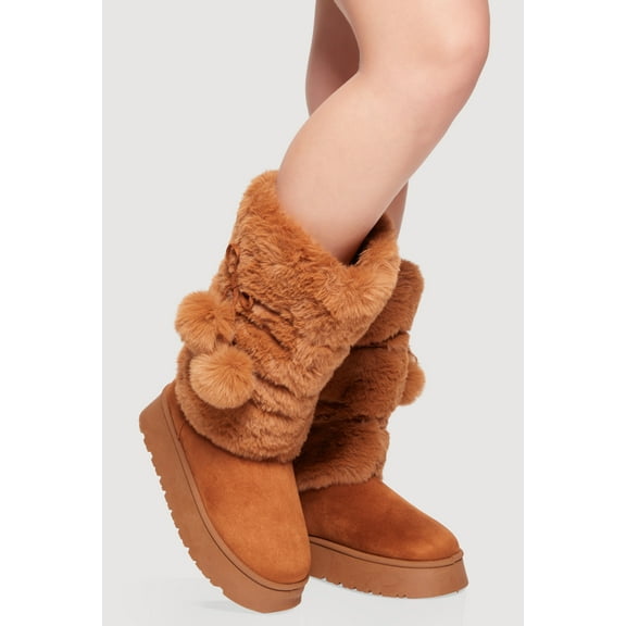 Women's Faux Fur Platform Boots with Pom Poms