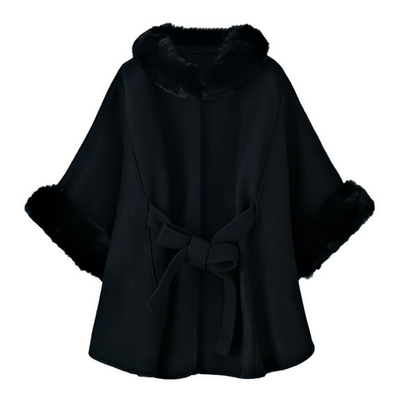 Women's Faux Fur Poncho Winter Shawl Cape Coat Knit Wrap Warm Fashion Cloak Black One Size