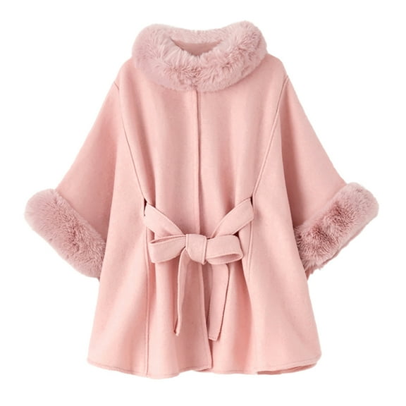 Women's Faux Fur Poncho Winter Shawl Cape Coat Knit Wrap Warm Fashion Cloak Pink One Size