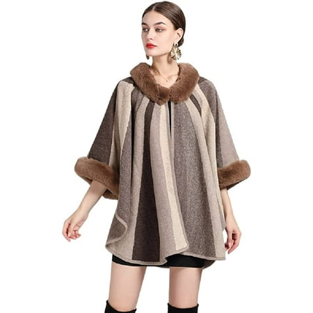Women's Faux Fur Shawl Wrap Poncho Ruana Cape Open Front Cardigan Warm Cape Sweater Cloak