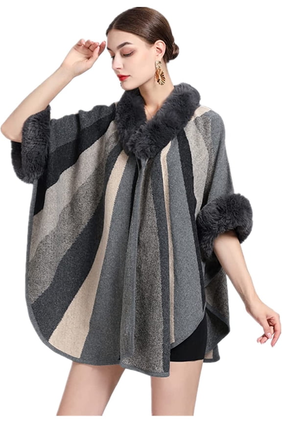 Women's Faux Fur Shawl Wrap Poncho Ruana Cape Open Front Cardigan Warm Cape Sweater Cloak